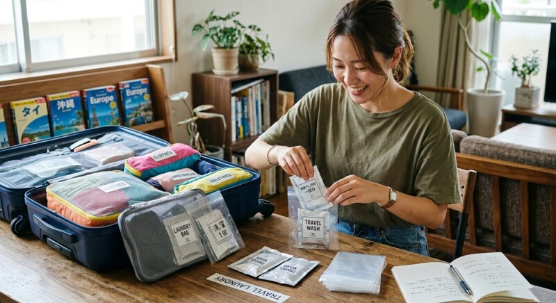 スーツケースに旅行用の1回分洗濯洗剤を小分けしてパッキングする女性