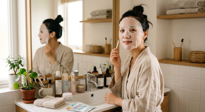 スキンケア用品が並ぶ洗面台でフェイスパックを顔に乗せて鏡の前で微笑む女性