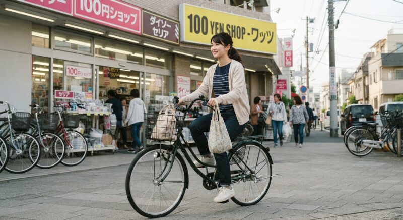 100円ショップの前を自転車で走る女性