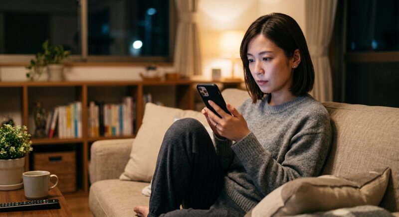夜間に自宅のソファでスマホを使い黒ネクタイの販売店舗を検索する女性