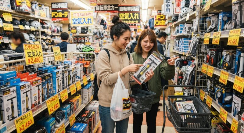 キホーテで自転車・原付用の空気入れを選ぶ2人の女性