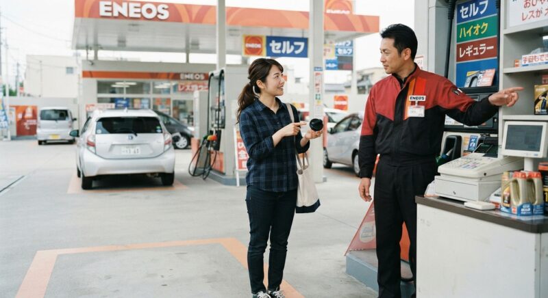 ガソリンスタンドでスタッフに給油キャップについて相談する女性
