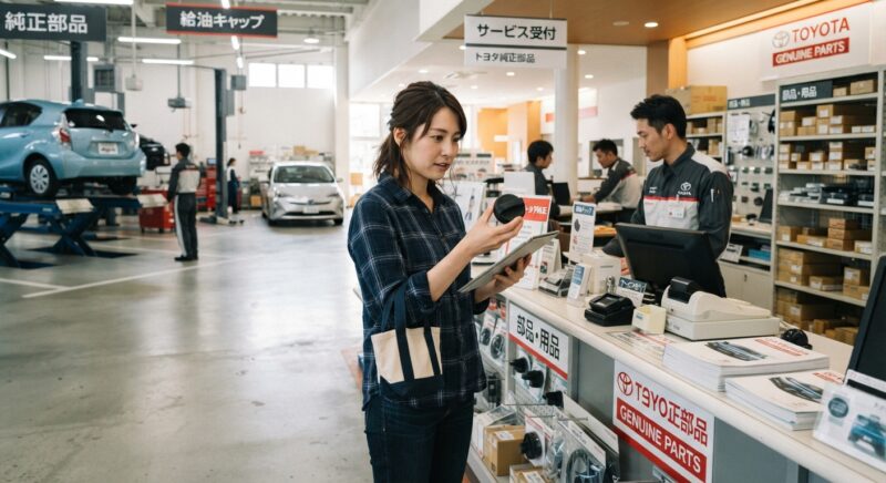 トヨタディーラーの純正部品カウンターで給油キャップについて相談する女性
