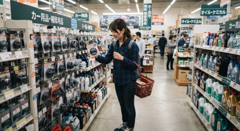 給油キャップを探すためカー用品売り場の商品を見比べる女性