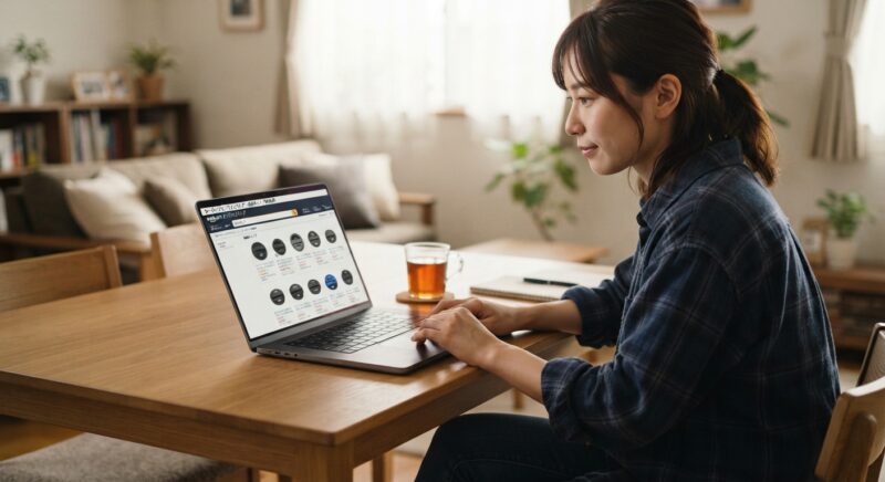 自宅のノートパソコンでオンラインショップの給油キャップを探している女性