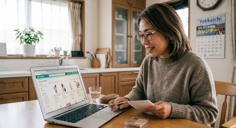 自宅のダイニングでノートパソコンを使ってコスメ通販サイトでザセムコンシーラーを探す50代の日本人女性