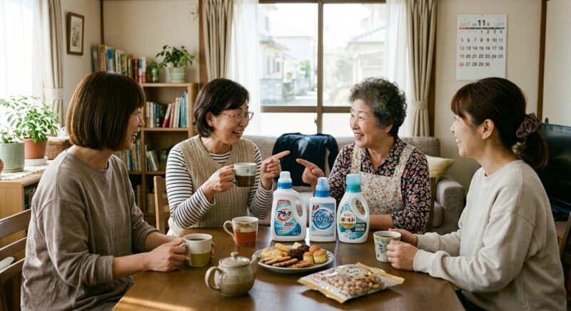 リビングでお茶を飲みながらテーブルのシュワッとパンチについて話し合う主婦たち