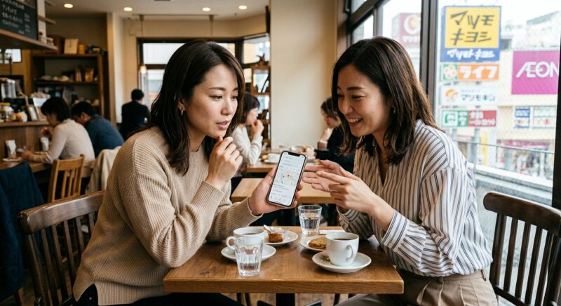 カフェでスマートフォンを使いアンチョビを販売している店を調べる2人の女性