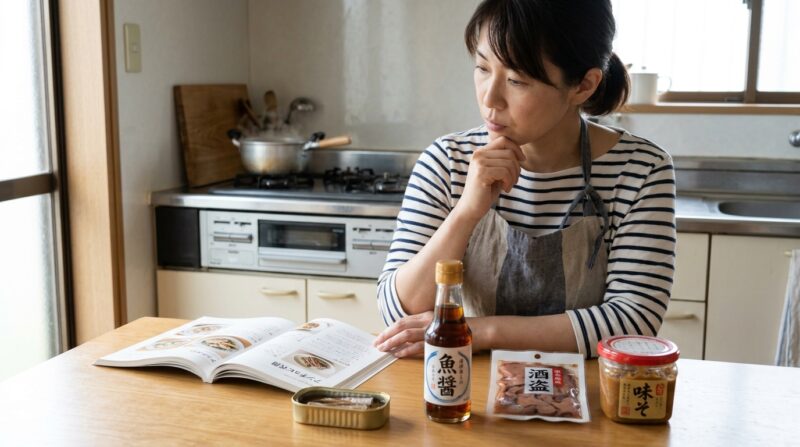キッチンでレシピ本を見ながら魚醤や酒盗などアンチョビの代用品を検討する女性