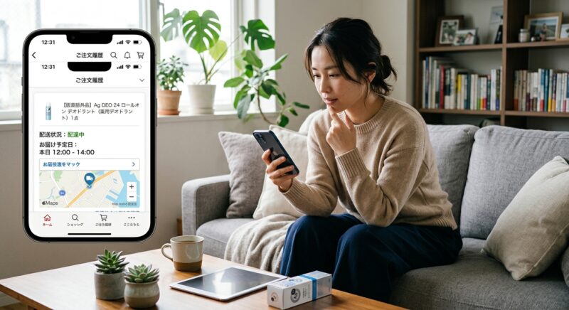スマホの注文履歴画面で注文したイニオスプラスの配達状況や到着予定時間を確認する女性