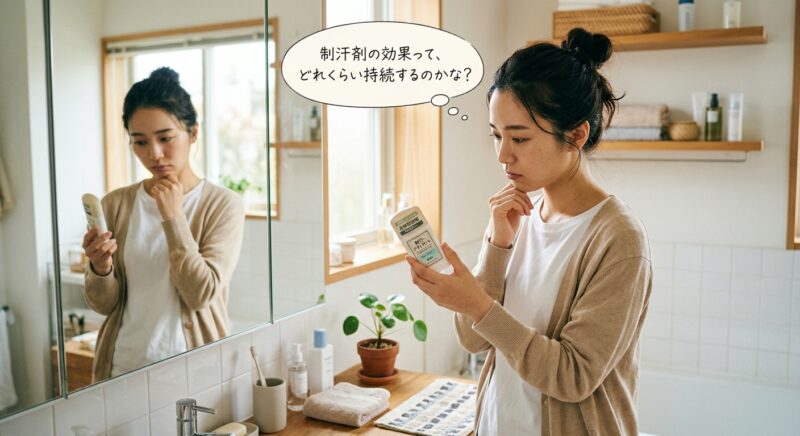 洗面台の前でイニオスプラスを手に持ち、効果の持続時間について悩んでいる女性