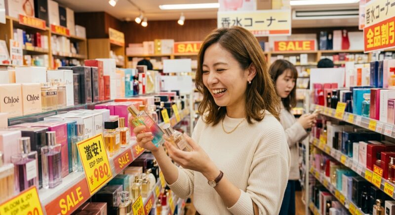 980円の激安値札がついた棚の前で香水ボトルを持ち喜ぶ女性