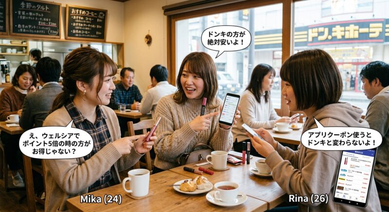 女性たちがスマートフォンでドンキなどのコスメ価格を比較している様子