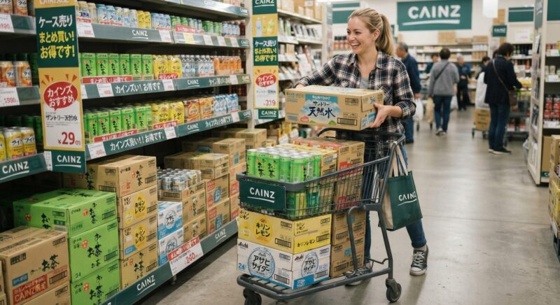 カインズの飲料売り場で缶ジュースやペットボトルのケース商品を選ぶ女性