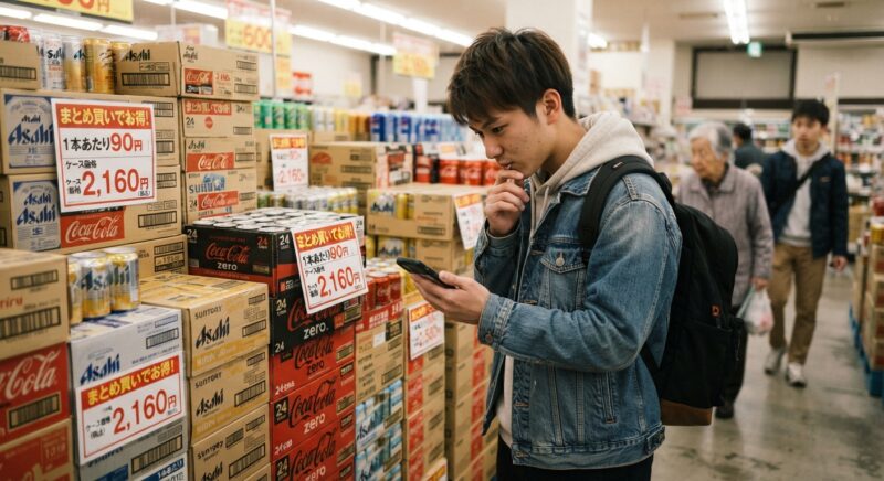 缶ジュースの箱買い価格をスマートフォンで確認する男子学生