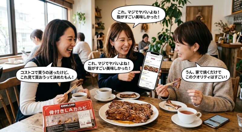 コストコの骨付きLAカルビの口コミをスマートフォンで確認しながら食事を楽しむ女性たち