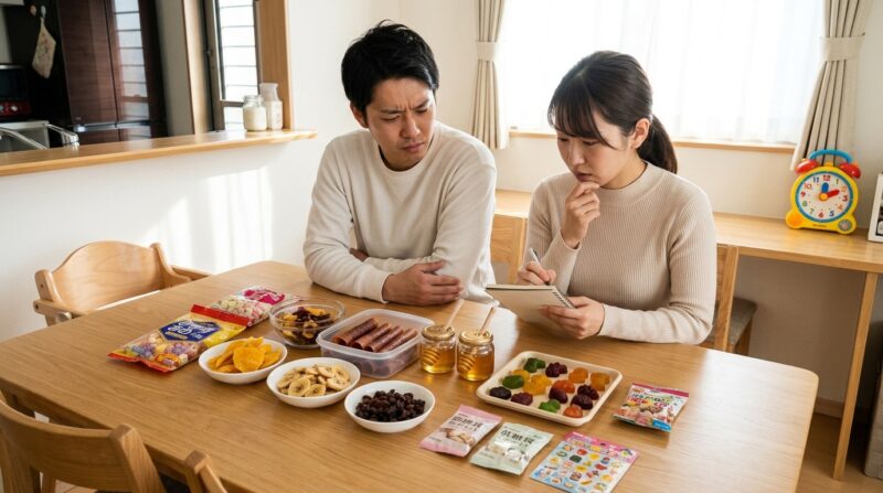 テーブルに並べた多様な水飴やドライフルーツを見ながら相談する夫婦