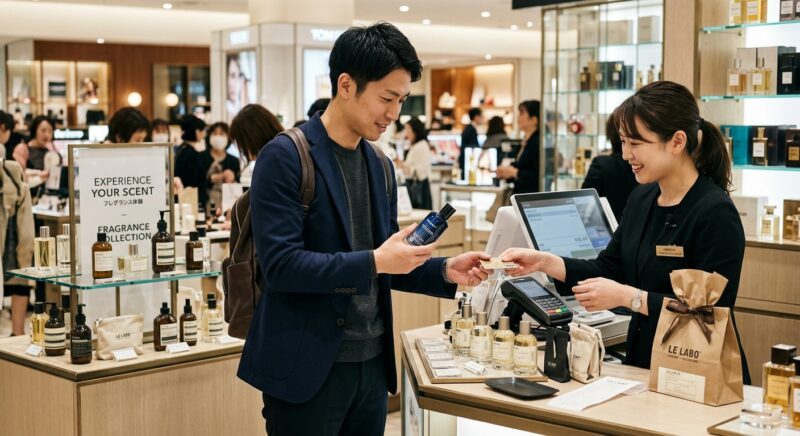 高級感のあるフレグランスショップで香水を購入しカード決済をする男性客と笑顔の店員