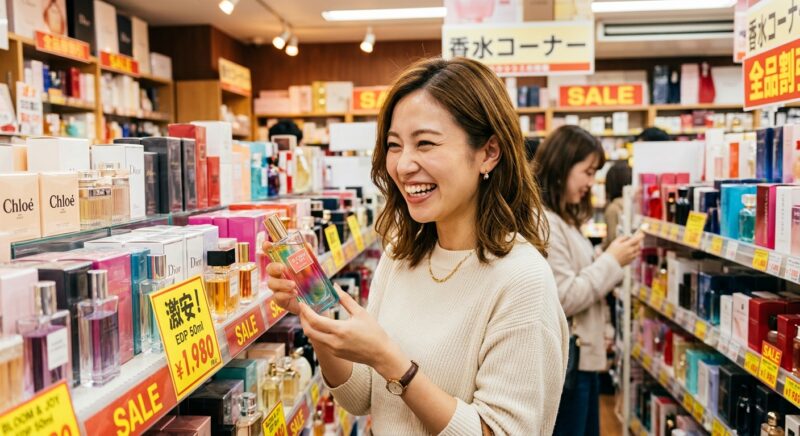 1980円のセール値札が並ぶ香水コーナーでボトルを持ち笑顔を見せる女性