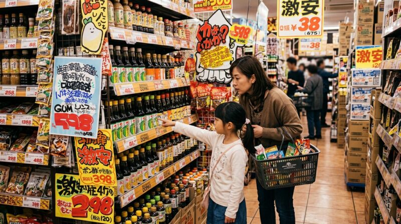 ディスカウントストアの食品売り場でポン酢を選ぶ親子