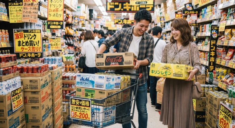 ドン・キホーテの激安ドリンクコーナーで缶ジュースの箱買い商品を選ぶ若い夫婦