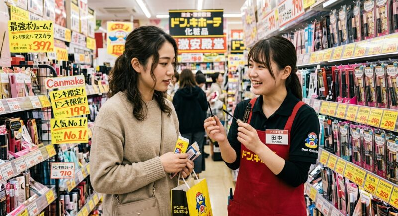 ドン・キホーテのコスメ売り場で女性店員からマスカラの商品説明を受ける女性