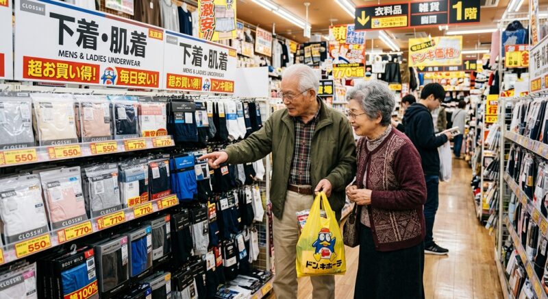 ドン・キホーテの下着売り場で商品を探す買い物客