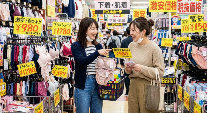 キホーテの下着売り場で、激安価格のポップが並ぶ棚の前で楽しそうに商品を選ぶ2人の女性。