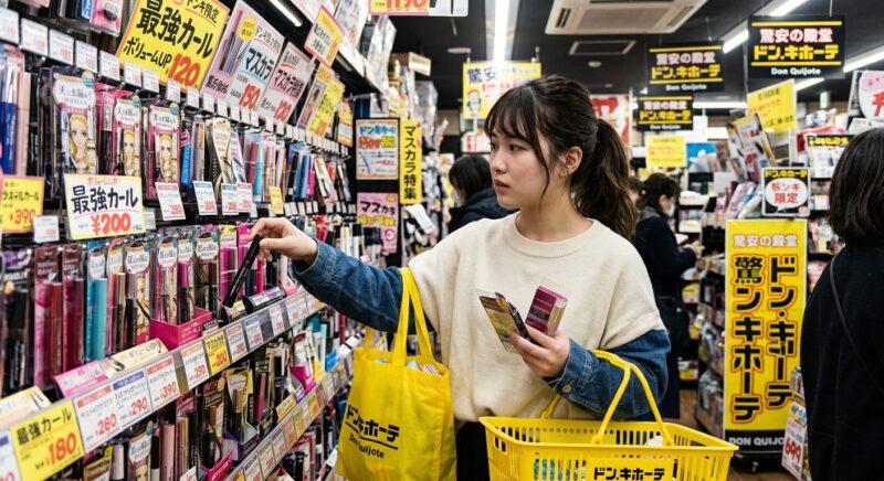 ドン・キホーテのコスメ売り場でマスカラを選ぶ女性