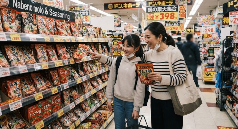 ドン・キホーテの食品売り場で赤から鍋の素を選びながら笑顔で見つめ合う母親と娘