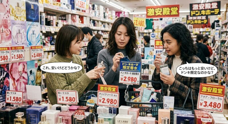 ドン・キホーテの香水売り場でドンキ限定香水や値段の安さについて相談する3人の女性