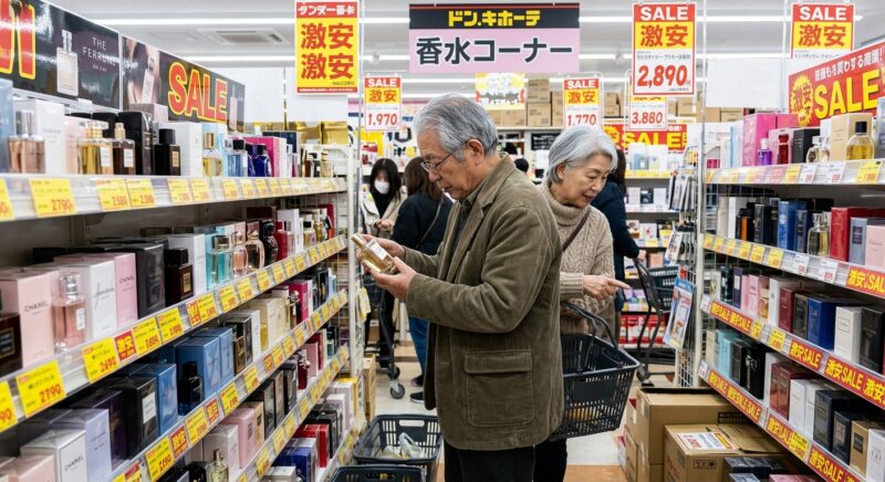 ドン・キホーテの香水コーナーでボトルを手にして商品を選ぶシニア夫婦