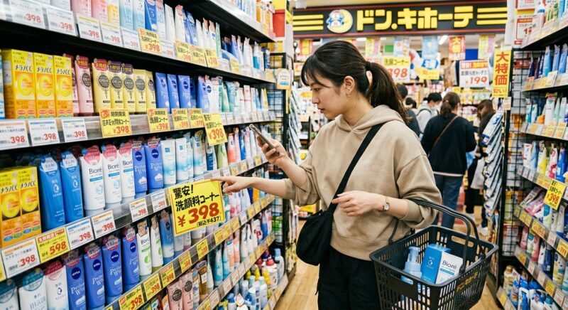 ドン・キホーテでドゥーホワイトの販売情報を確認する女性