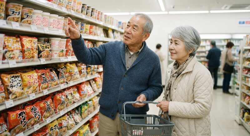 スーパーのインスタント麺売り場で商品を選んでいる高齢の夫婦