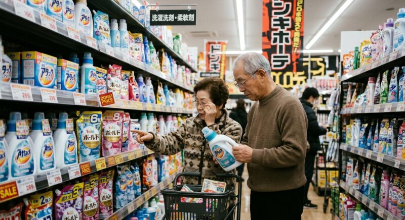 ディスカウントストアの洗剤売り場で商品パッケージを確認しながら買い物をする夫婦