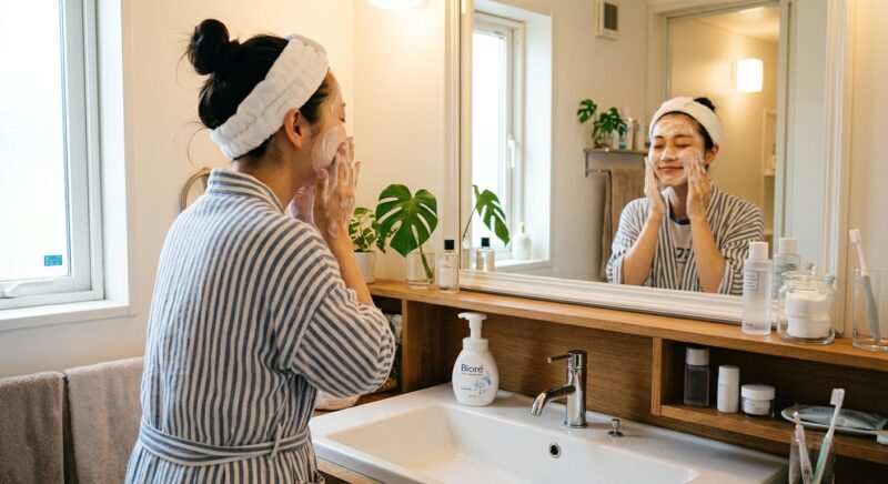 洗面所で洗顔フォームのたっぷりとした泡を使って優しく顔を洗う女性