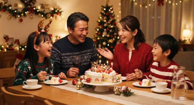 クリスマスケーキを囲んで笑顔で楽しく会話をする家族の様子