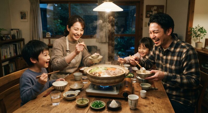 自宅の食卓で土鍋を囲み笑顔で団らんしながら鍋料理を食べる4人家族