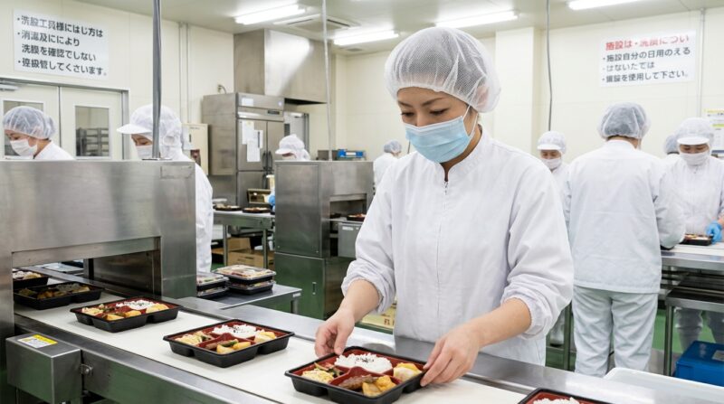 食品工場で白い衛生服と使い捨ての不織布ヘアネットを着用し、衛生管理を徹底している作業員の姿
