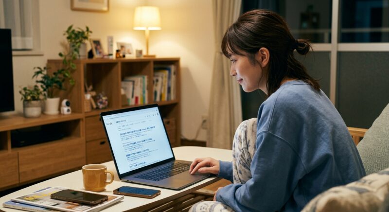 ドゥーホワイトを安く買う方法をネット検索する女性