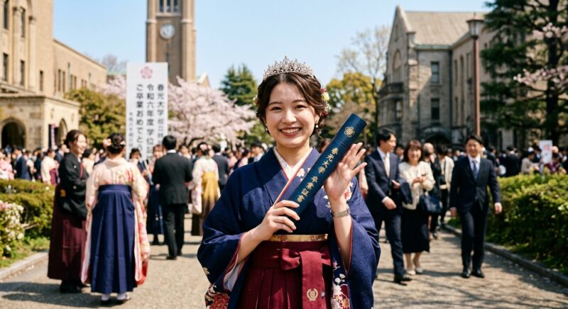 大学の卒業式で袴姿にキラキラしたティアラをつけて卒業証書を持つ女子学生