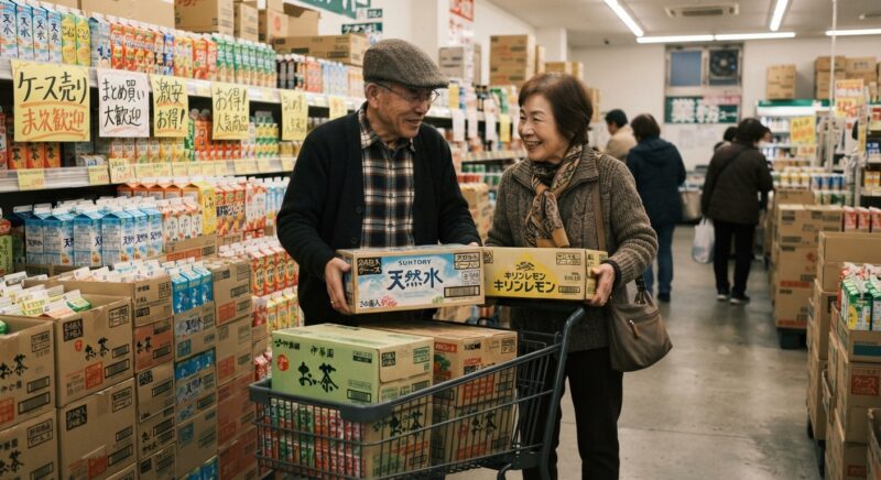 業務スーパーの売り場で缶ジュースやお茶のケース商品を選ぶシニア夫婦