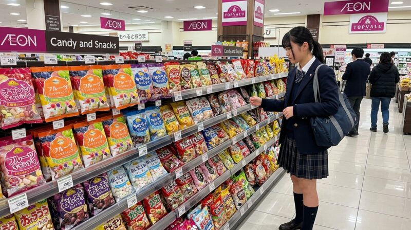 大型スーパーのお菓子売り場で棚の商品を選ぶ女子生徒