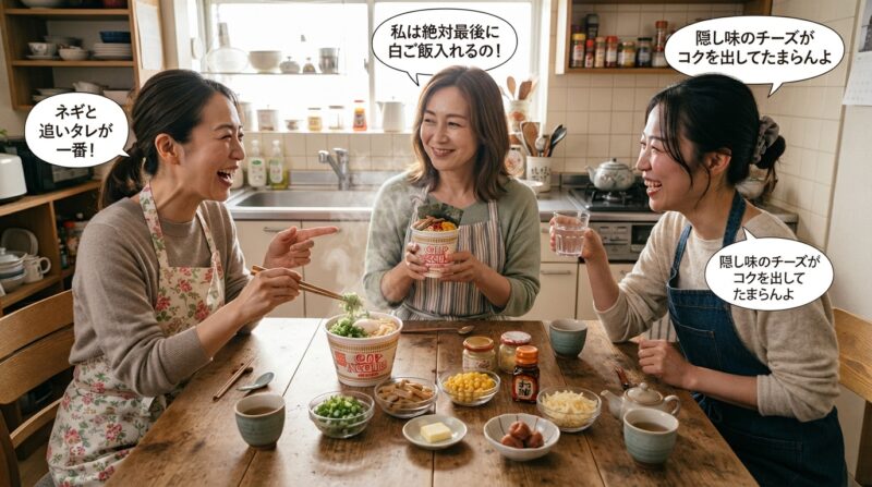 テーブルでカップ麺の美味しい食べ方やトッピングについて談笑する主婦グループ