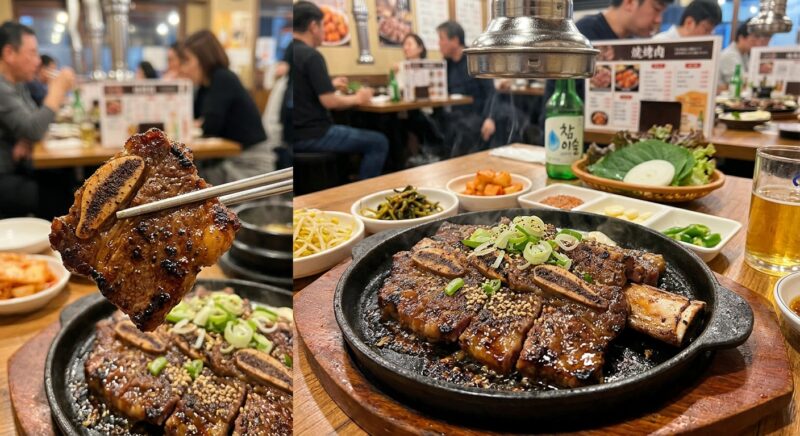 韓国焼肉店で鉄板に並ぶ骨付きLAカルビとキムチやナムルなどの料理