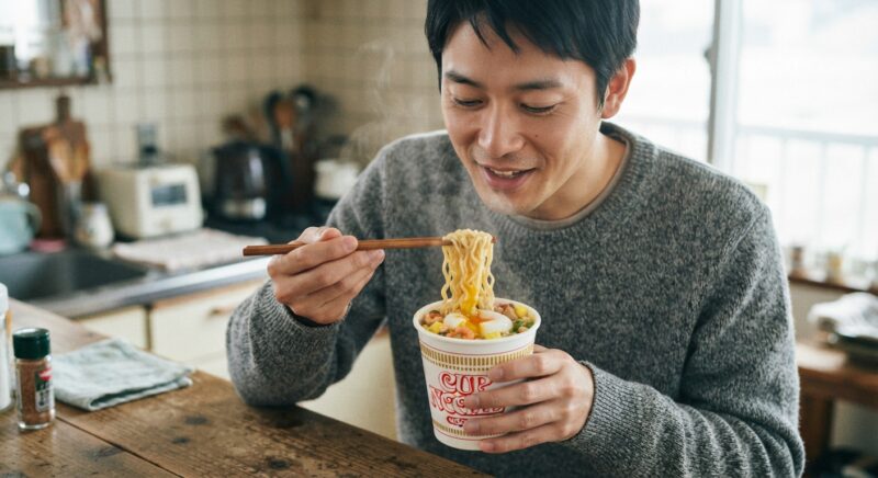 卵をトッピングしたカップラーメンを美味しそうに食べる男性
