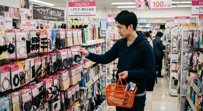100円ショップ「ダイソー（DAISO）」のヘアケア・身だしなみコーナーで、ヘアネットを手に取って選んでいる男性