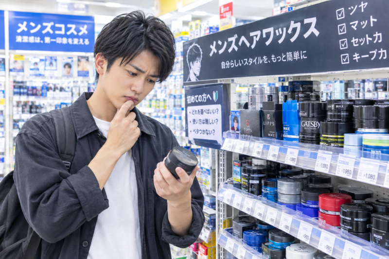 初めて使うメンズヘアワックスを手に取り選び方に迷う男性