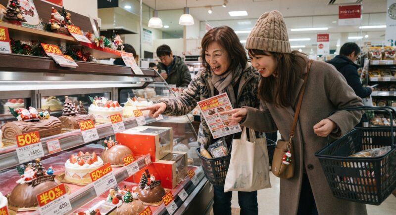 クリスマス終了後に半額になったケーキを選ぶ女性の親子