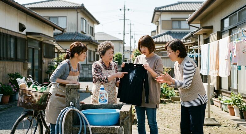 屋外で黒い服についた洗剤残りを見せ合い相談する近所の主婦たち